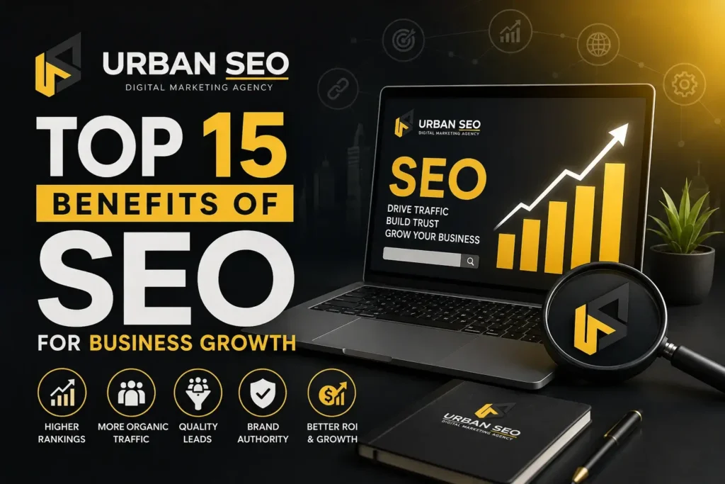 Top 15 benefits of SEO for business growth featuring Urban SEO digital marketing agency branding and SEO growth illustration.
